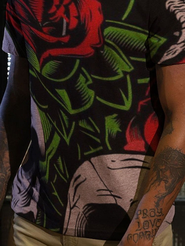 Estampa Pulôver Floral Manga Curta Camiseta Masculina