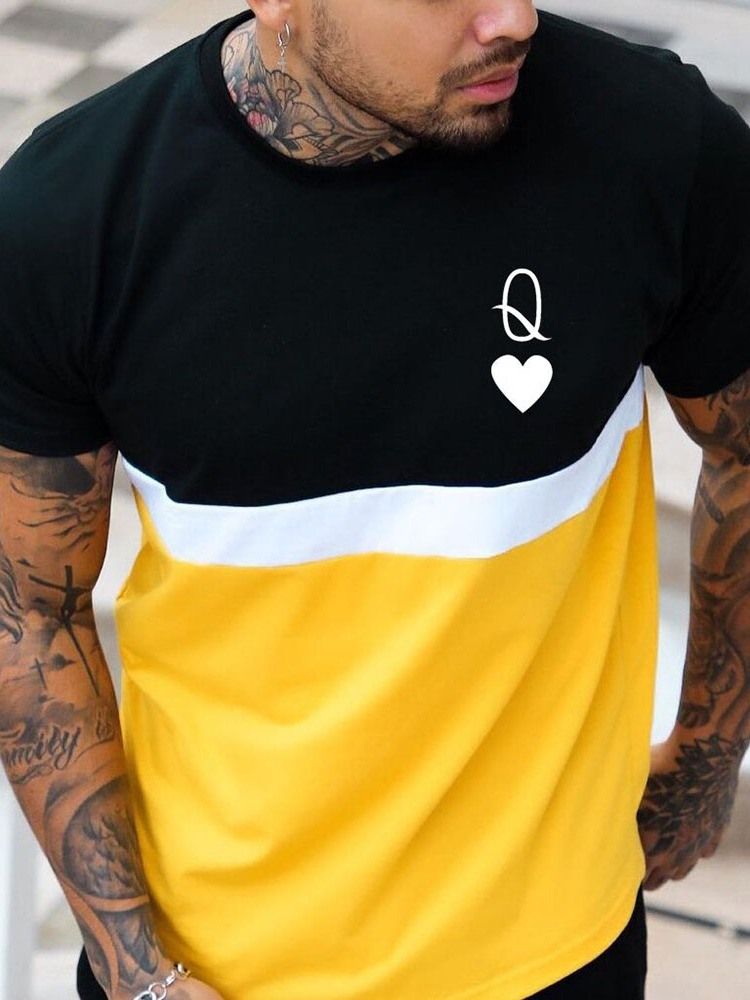 Gola Redonda Estampada Cor Bloco Pulôver De Manga Curta Camiseta Masculina