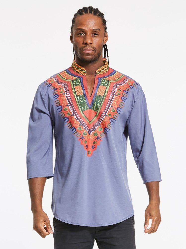 Moda Africana Dashiki Imprimir Cor Bloco Com Decote Em V Camiseta Slim Masculina