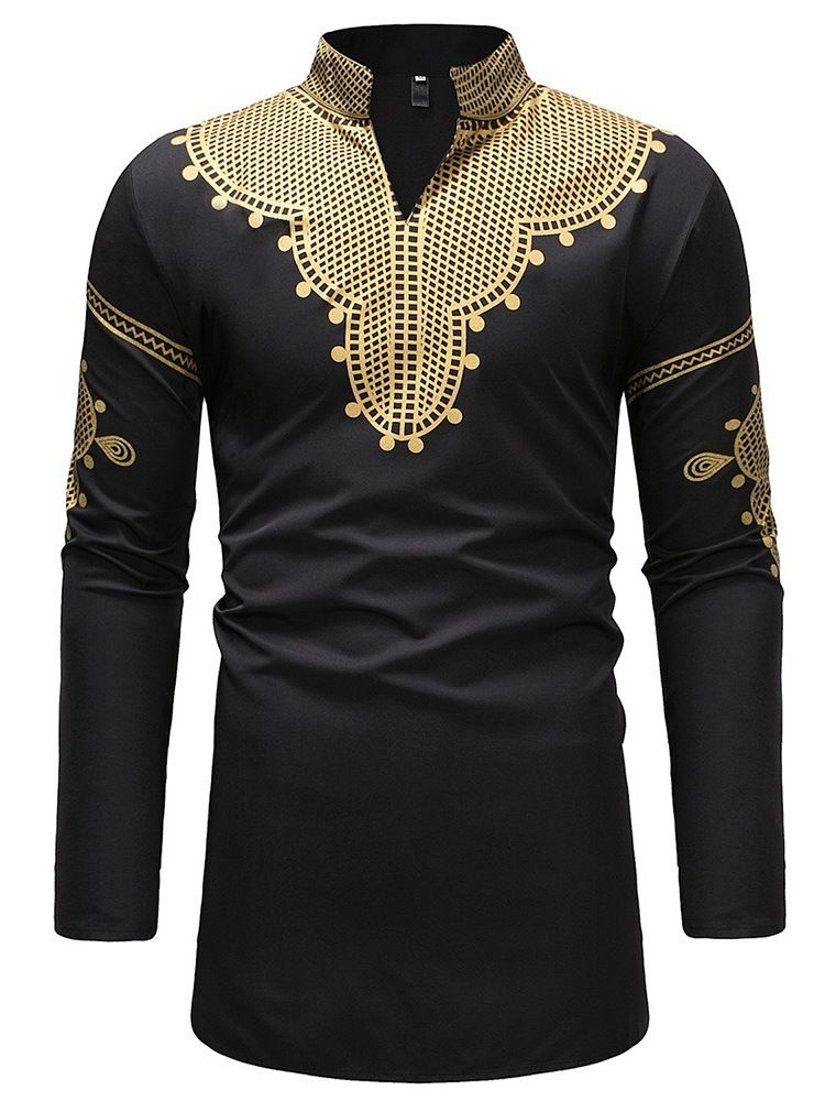 Moda Africana Dashiki Stand Collar Gola Em V Camiseta Masculina Casual