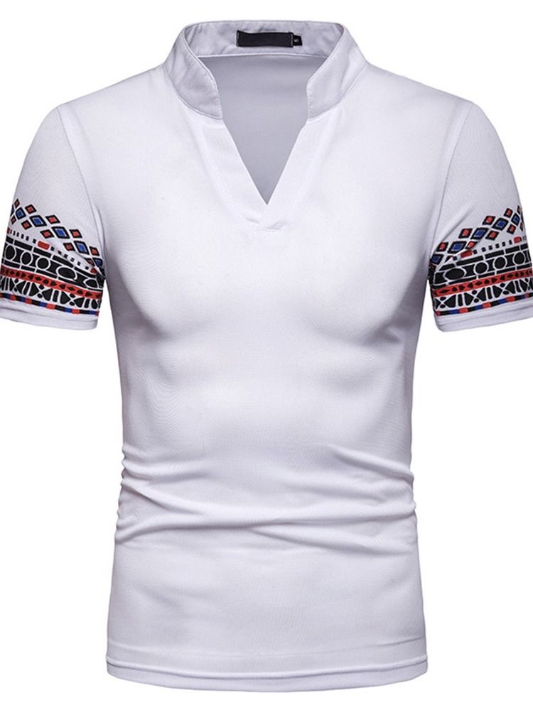 Patchwork Impressão Geométrica Stand Collar Mens Polo Shirt