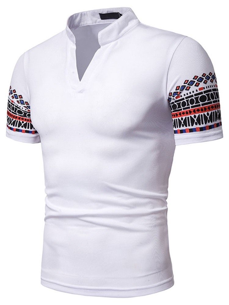 Patchwork Impressão Geométrica Stand Collar Mens Polo Shirt