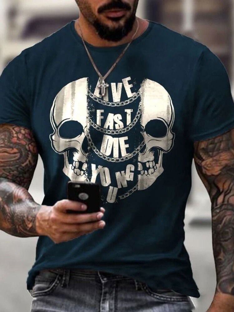 Skull Print Casual Skull Manga Curta Camiseta Slim Masculina