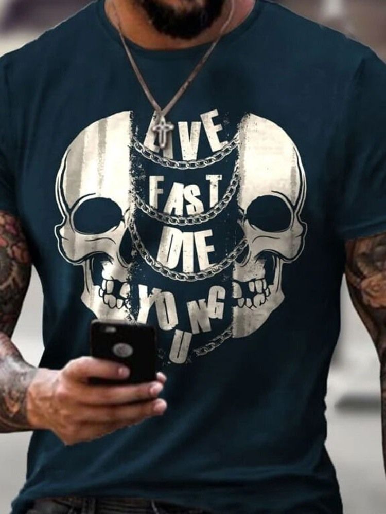 Skull Print Casual Skull Manga Curta Camiseta Slim Masculina