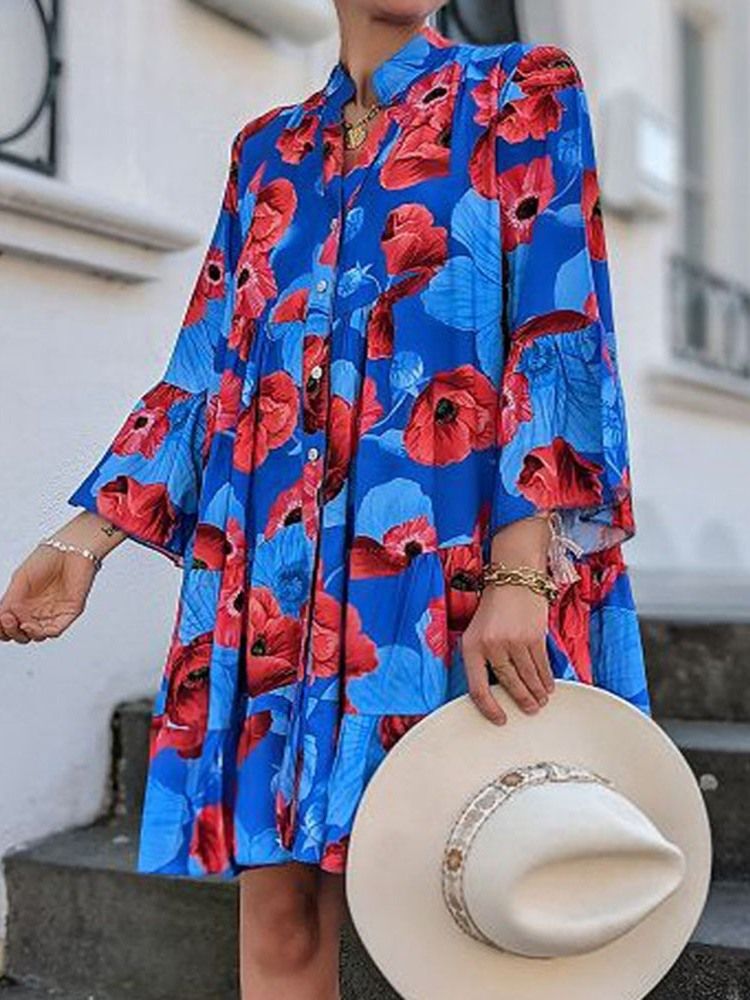 Acima Do Joelho Botão Nove Pontos Manga Moda Vestido Maxi Floral Linha A Vestidos De Praia Para Mulheres