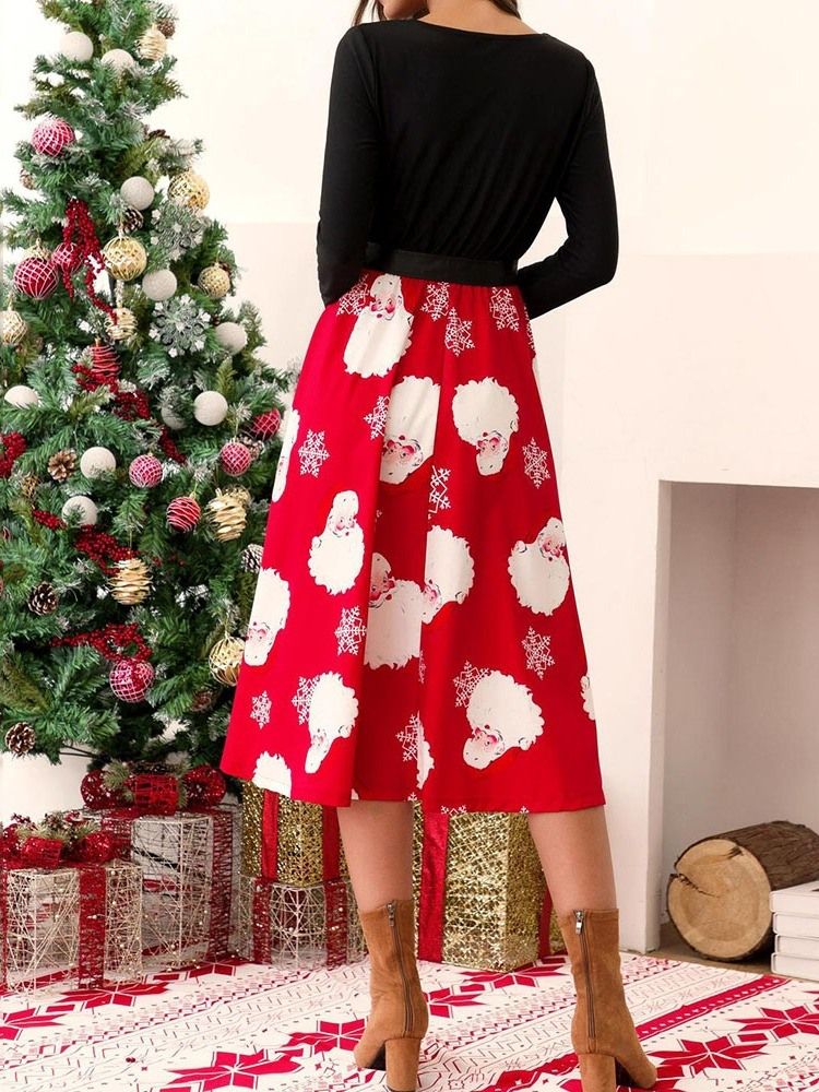 Decorações De Natal Feminino Em Volta Do Pescoço Manga Comprida Patchwork Regular Vestido Doce