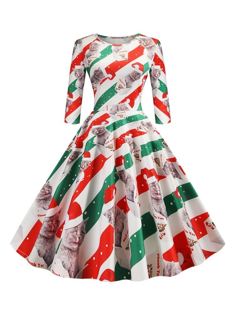 Feminino Christmas Pattern Manga Três Quartos Estampa Média Na Panturrilha Vestido De Festa Regular