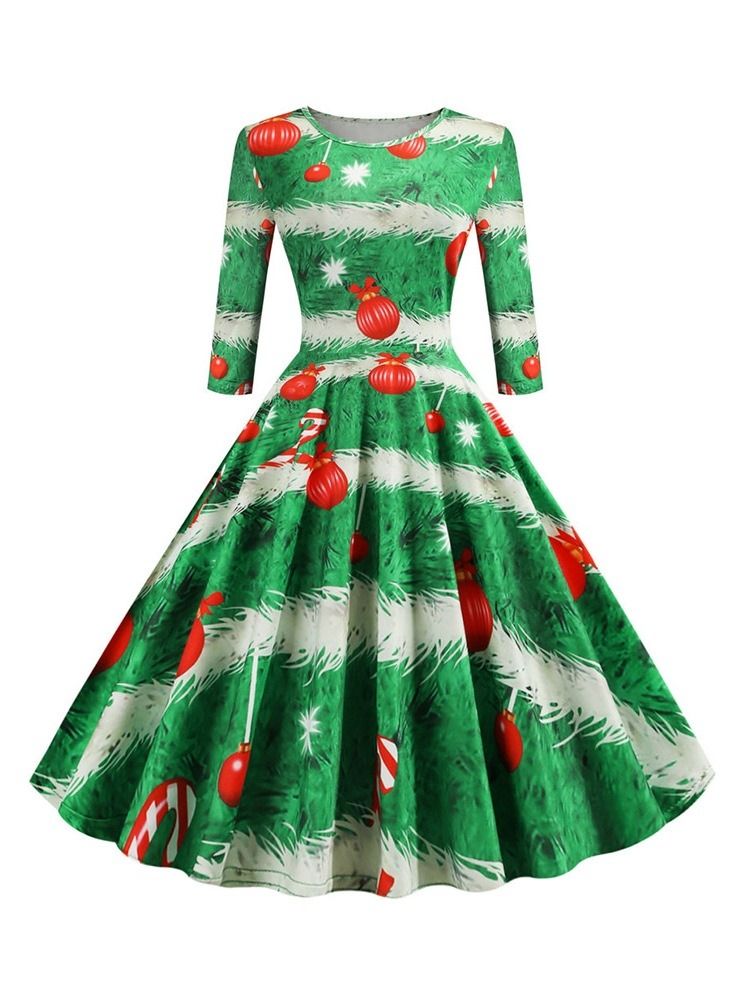 Feminino Christmas Pattern Manga Três Quartos Estampa Média Na Panturrilha Vestido De Festa Regular