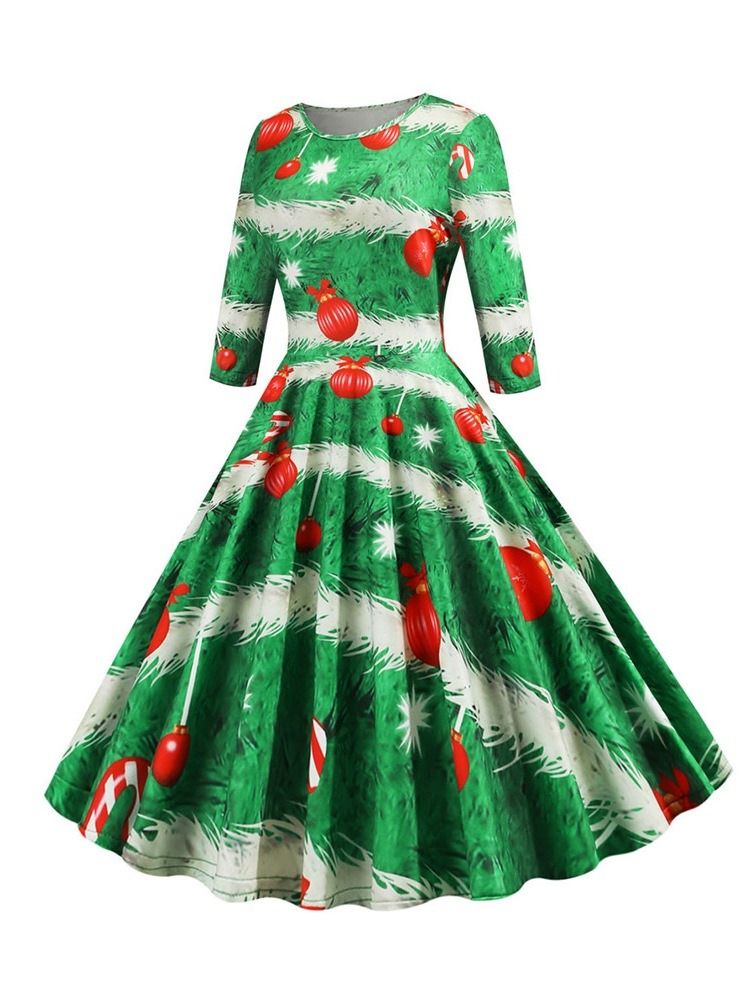 Feminino Christmas Pattern Manga Três Quartos Estampa Média Na Panturrilha Vestido De Festa Regular