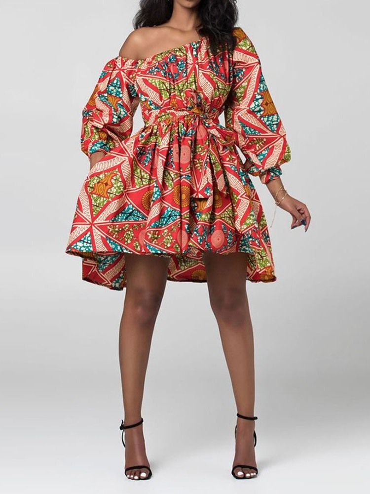 Moda Africana Feminina Gola Oblíqua Lanterna Manga Acima Do Joelho Vestido Floral