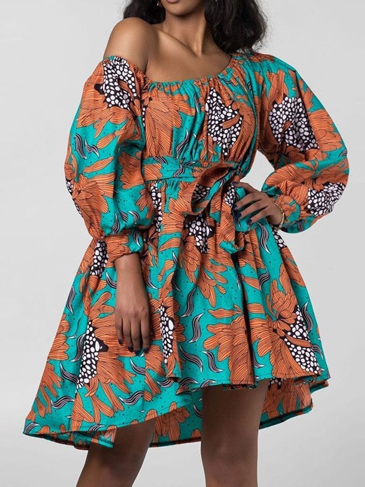 Moda Africana Feminina Gola Oblíqua Lanterna Manga Acima Do Joelho Vestido Floral