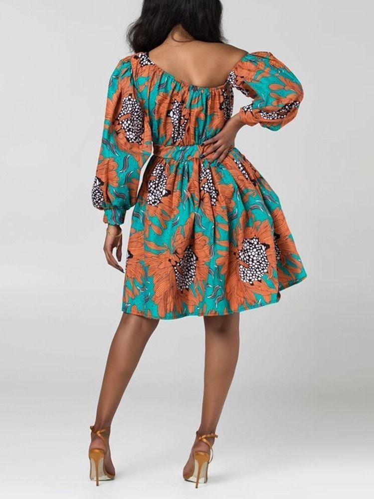 Moda Africana Feminina Gola Oblíqua Lanterna Manga Acima Do Joelho Vestido Floral