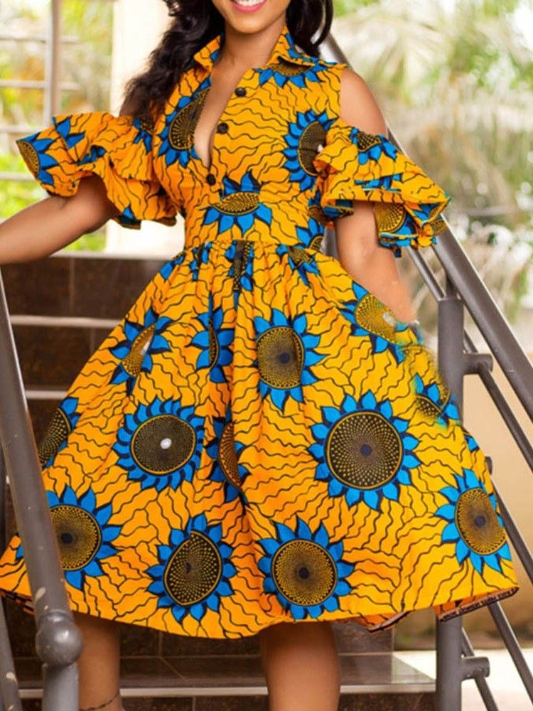 Moda Africana Feminina Panturrilha Média Lapela Vestido Floral A Line