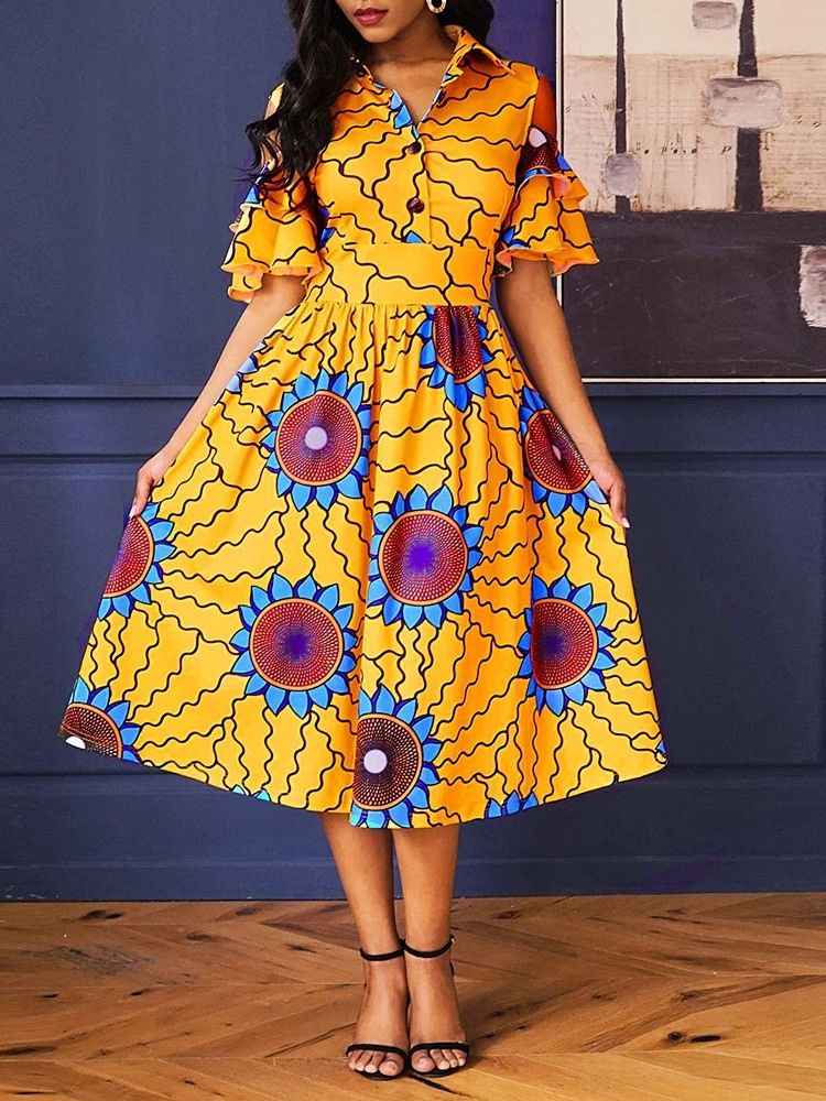 Moda Africana Feminina Panturrilha Média Lapela Vestido Floral A Line