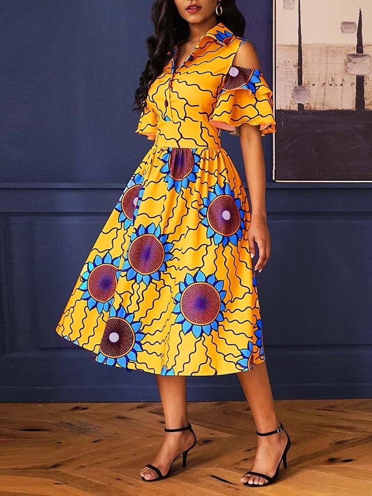 Moda Africana Feminina Panturrilha Média Lapela Vestido Floral A Line