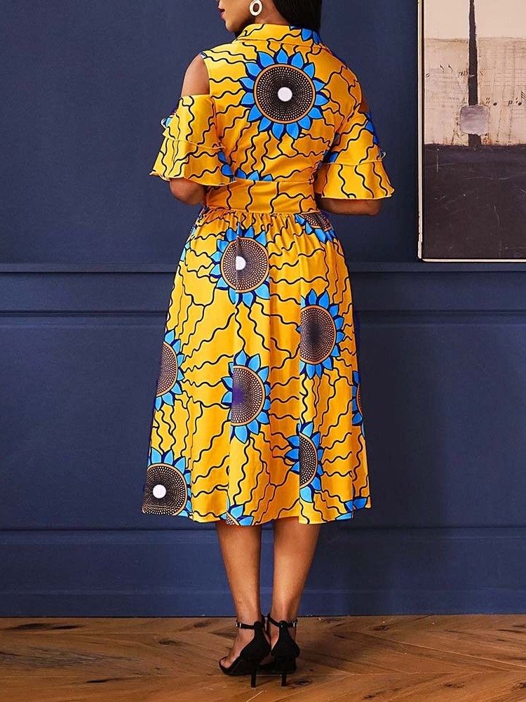 Moda Africana Feminina Panturrilha Média Lapela Vestido Floral A Line