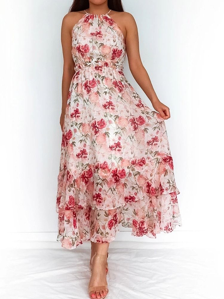 Pulôver Sem Mangas Estampado Na Altura Do Tornozelo Vestido De Cintura Alta Vestido Floral Maxi Vestidos De Praia Para Mulheres