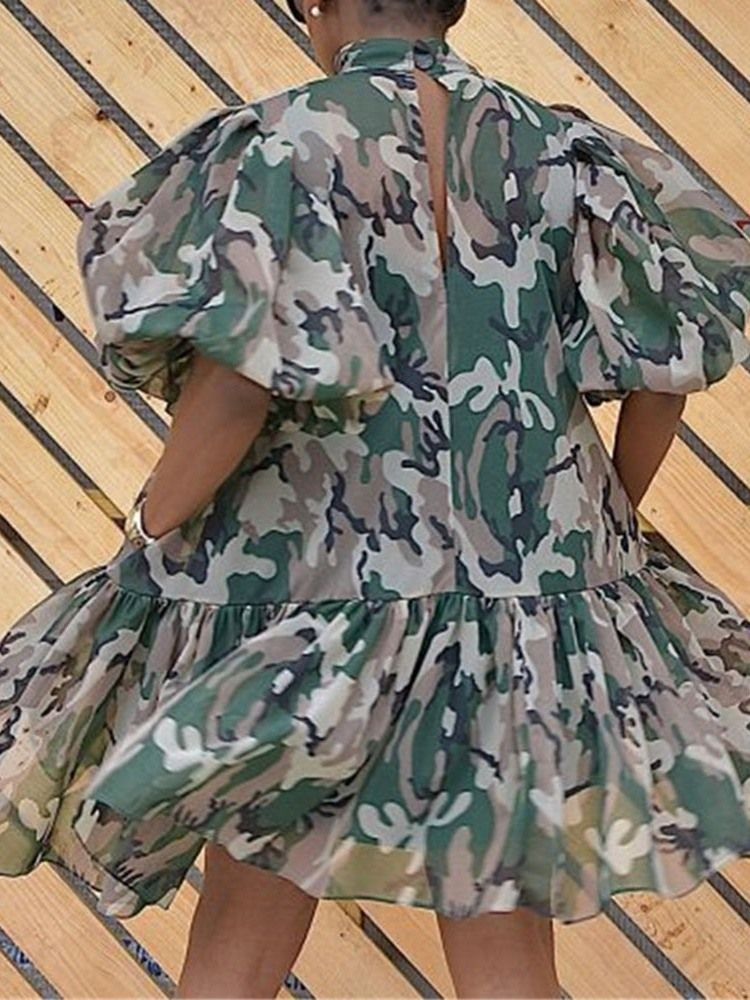 Vestido Feminino Estampado Meia Manga Com Gola Camuflagem Lanterna Manga Vestido