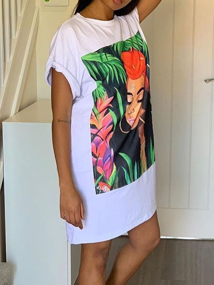 Vestido Feminino Estampado Na Altura Do Joelho Em Volta Do Pescoço Pulôver De Verão