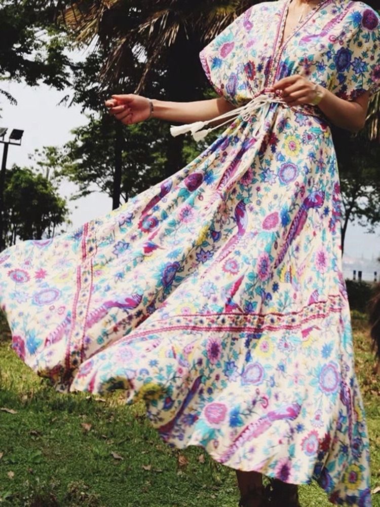 Vestido Feminino Floral Na Altura Do Tornozelo Com Decote Em V E Meia Manga