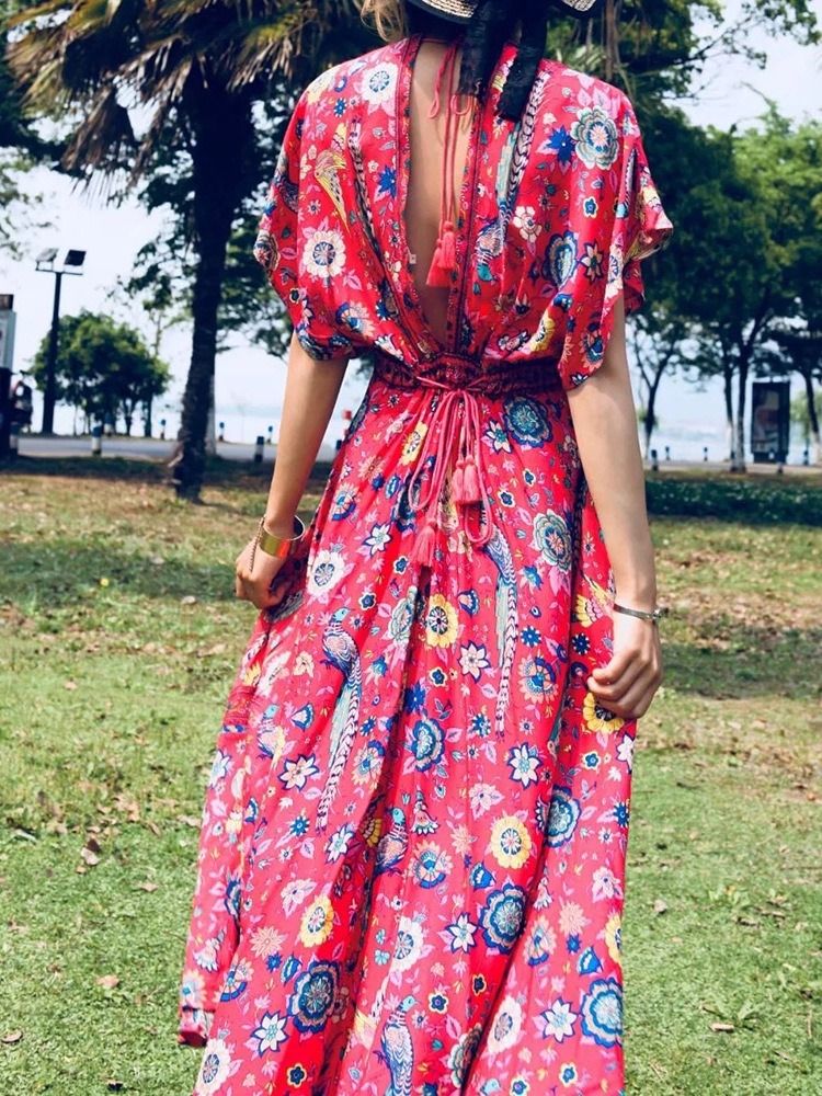 Vestido Feminino Floral Na Altura Do Tornozelo Com Decote Em V E Meia Manga