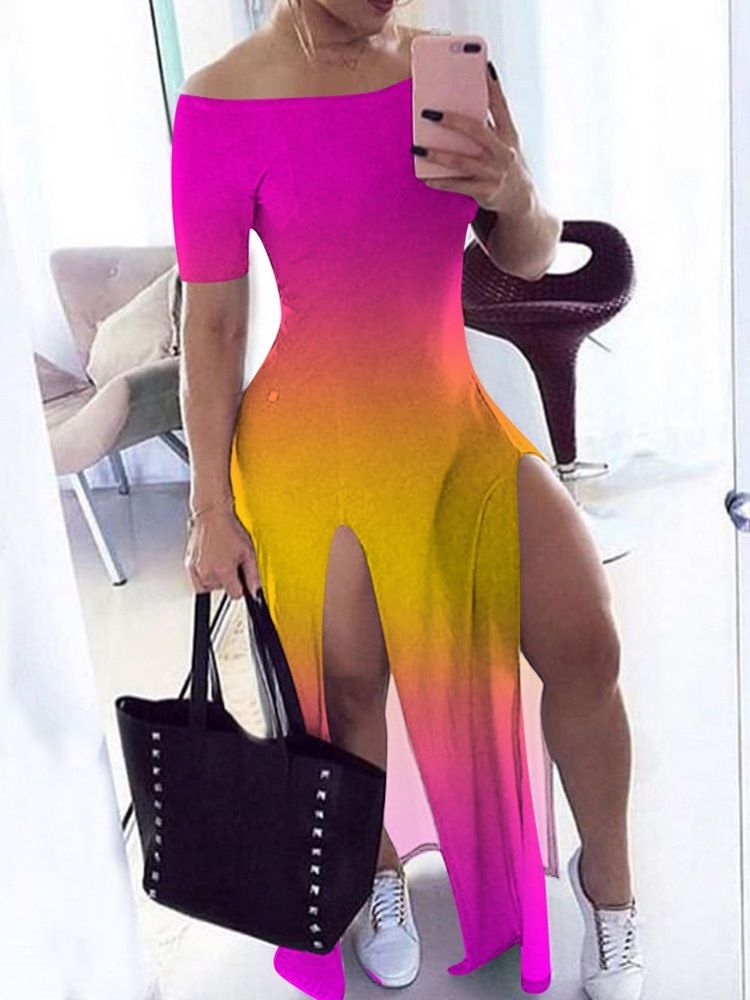 Vestido Feminino De Manga Curta Até O Tornozelo Dividido Bodycon Cintura Média