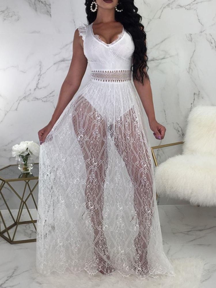 Vestido Feminino De Manga Curta Na Altura Do Tornozelo Com Decote Em V Transparente