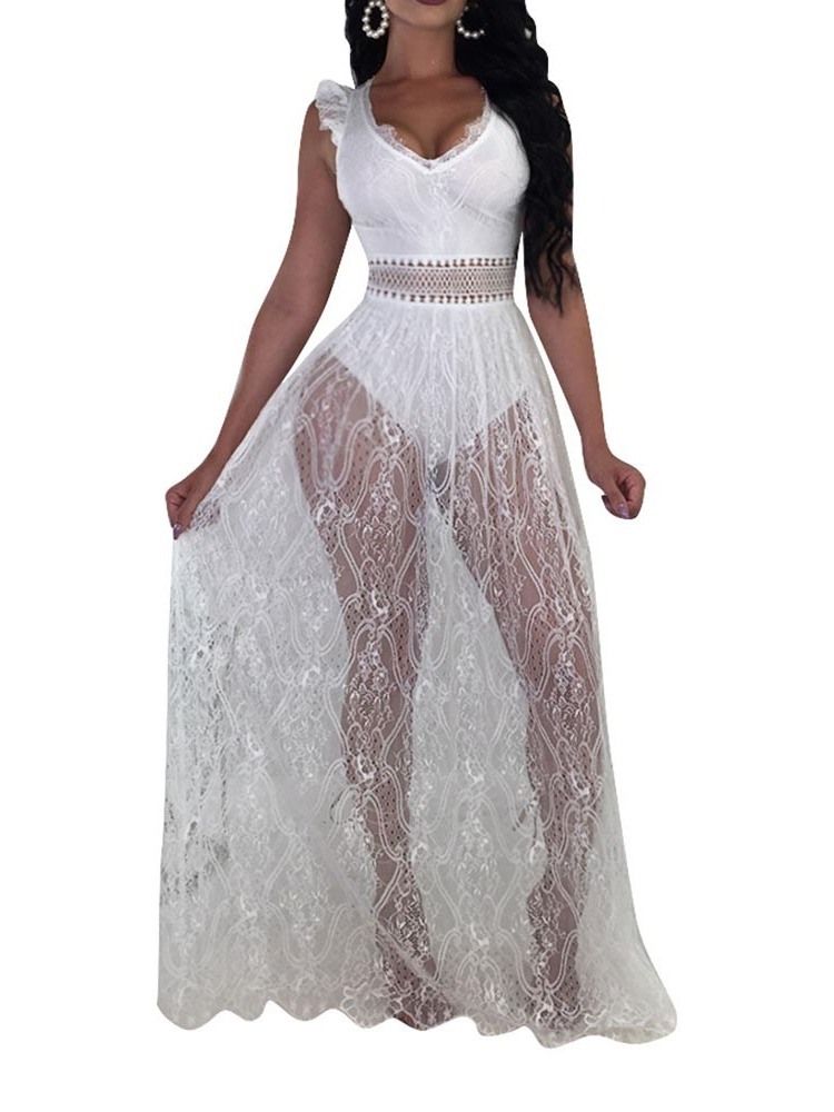 Vestido Feminino De Manga Curta Na Altura Do Tornozelo Com Decote Em V Transparente