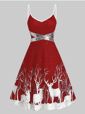 Vestido Feminino De Natal Com Decote Em V Sem Mangas Com Estampa De Desenho Animado