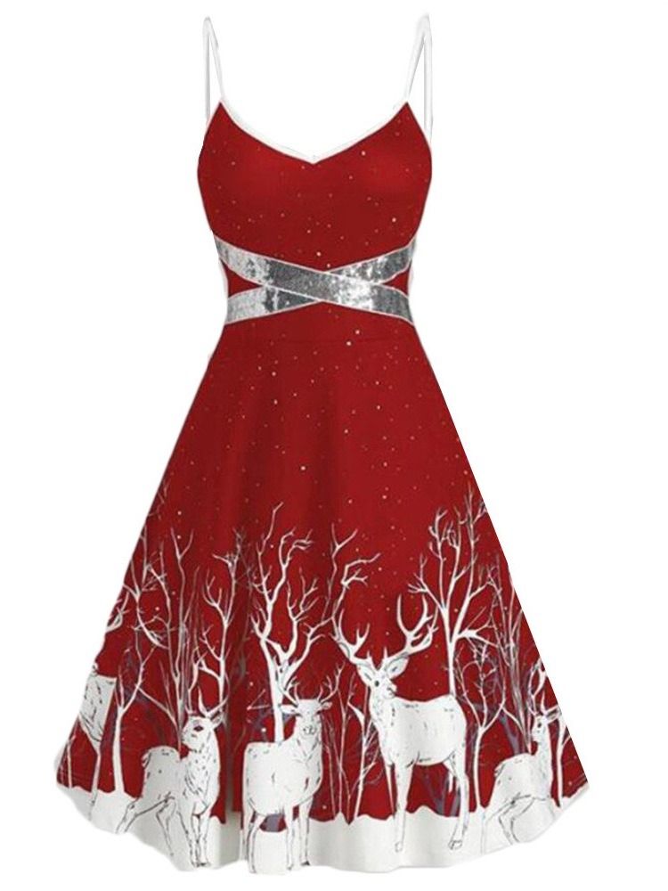 Vestido Feminino De Natal Com Decote Em V Sem Mangas Com Estampa De Desenho Animado