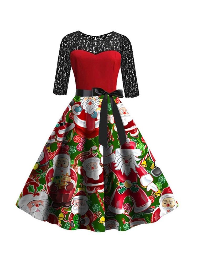 Vestido Feminino De Natal Redondo Com Decote Médio Na Panturrilha Patchwork Com Expansão Média Da Cintura