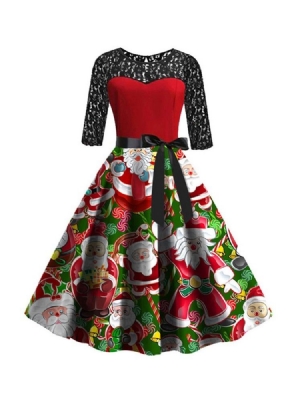 Vestido Feminino De Natal Redondo Com Decote Médio Na Panturrilha Patchwork Com Expansão Média Da Cintura