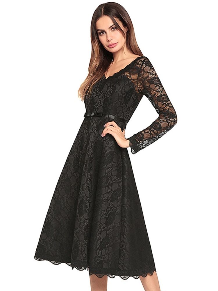 Vestido Feminino De Renda Oca Em Linha A Com Decote Em V Regular Na Panturrilha Média