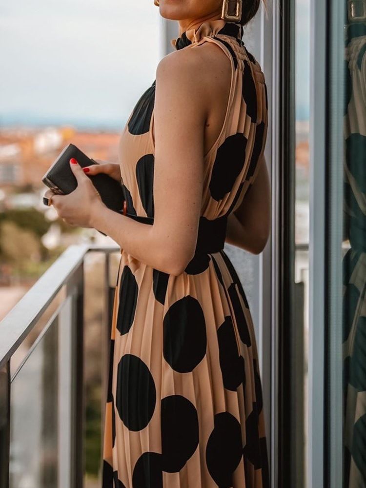 Vestido Feminino Sem Mangas Com Colarinho Médio Na Panturrilha Doce Cintura Média