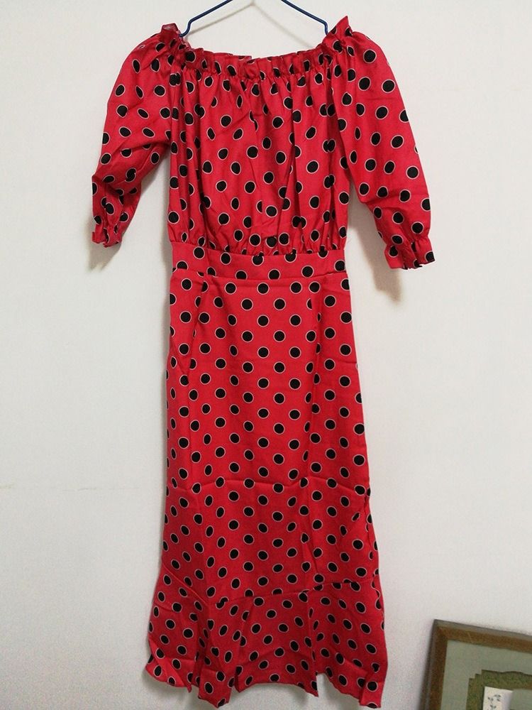 Vestido Noturno Feminino De Bolinhas Sem Ombros Com Babados