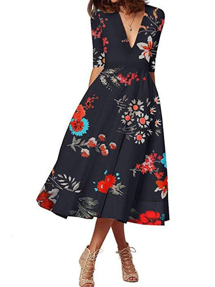 Vestido Regular Floral Feminino Com Estampa De Meia Manga Meia Manga Comprida