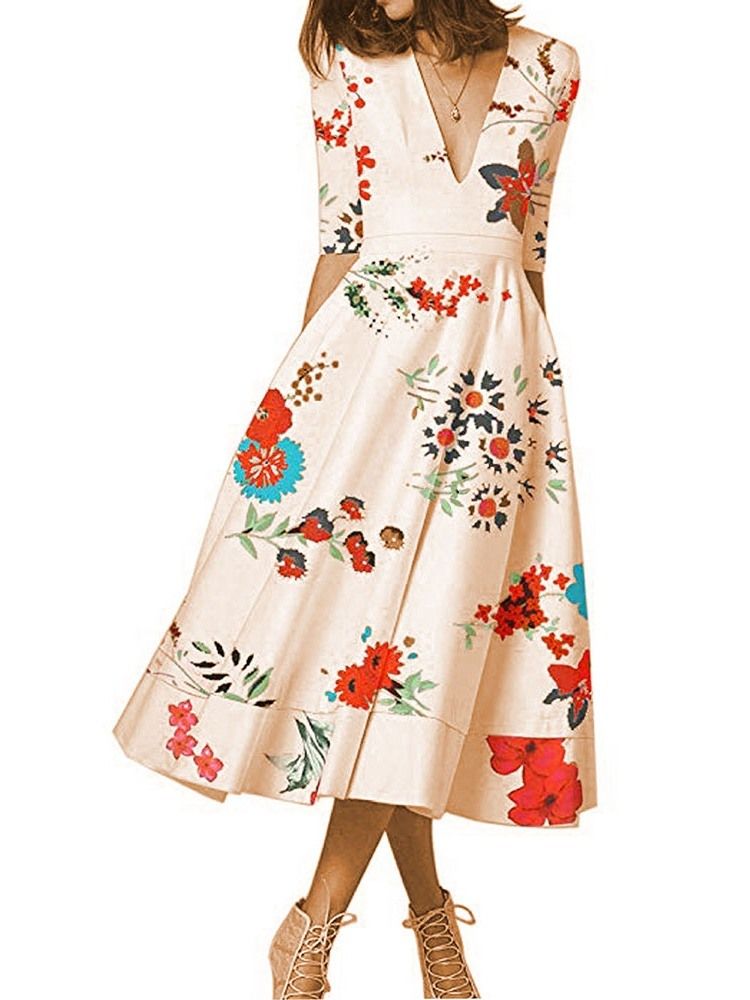 Vestido Regular Floral Feminino Com Estampa De Meia Manga Meia Manga Comprida