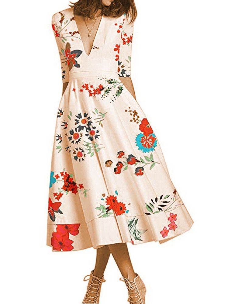 Vestido Regular Floral Feminino Com Estampa De Meia Manga Meia Manga Comprida