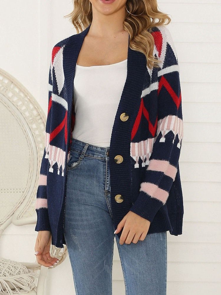 Cardigan Folgado De Patchwork Regular Feminino Com Decote Em V