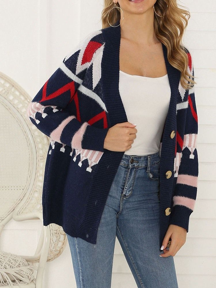 Cardigan Folgado De Patchwork Regular Feminino Com Decote Em V