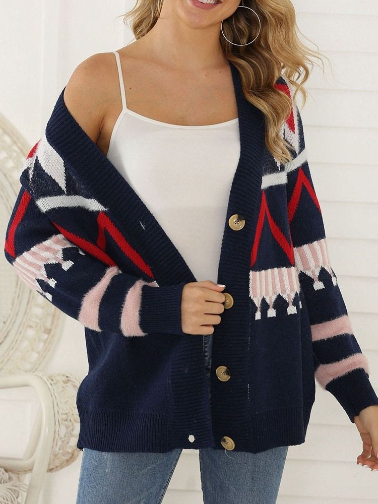 Cardigan Folgado De Patchwork Regular Feminino Com Decote Em V