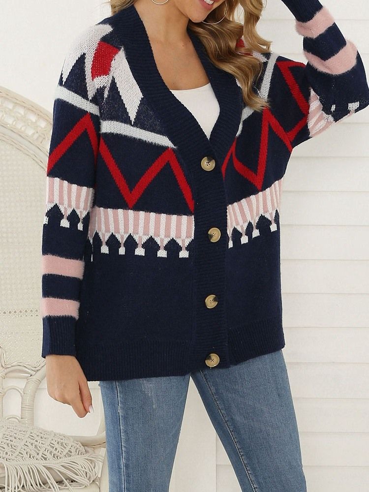 Cardigan Folgado De Patchwork Regular Feminino Com Decote Em V