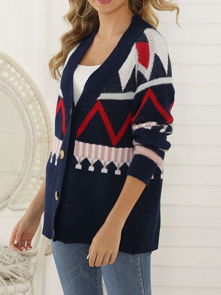 Cardigan Folgado De Patchwork Regular Feminino Com Decote Em V