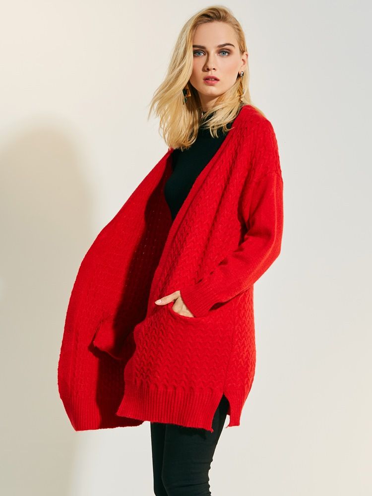 Malhas Largas Lisas De Comprimento Médio Cardigan Feminino