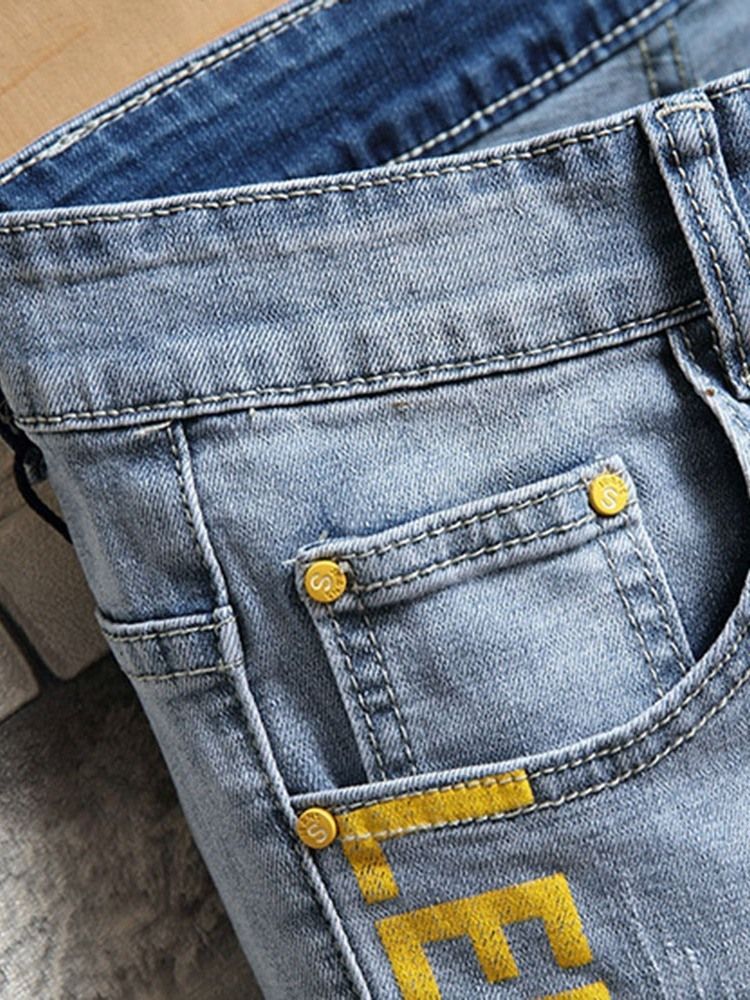 Calça Jeans Com Zíper Casual Reta Estampada Masculina