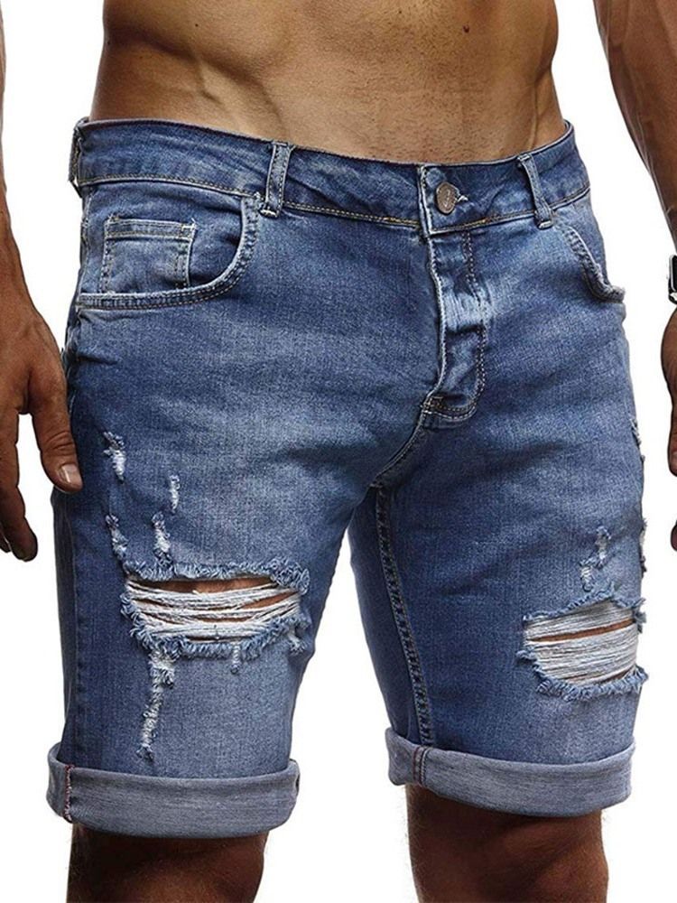 Calças Jeans Masculinas Com Zíper De Cintura Fina E Buraco Médio