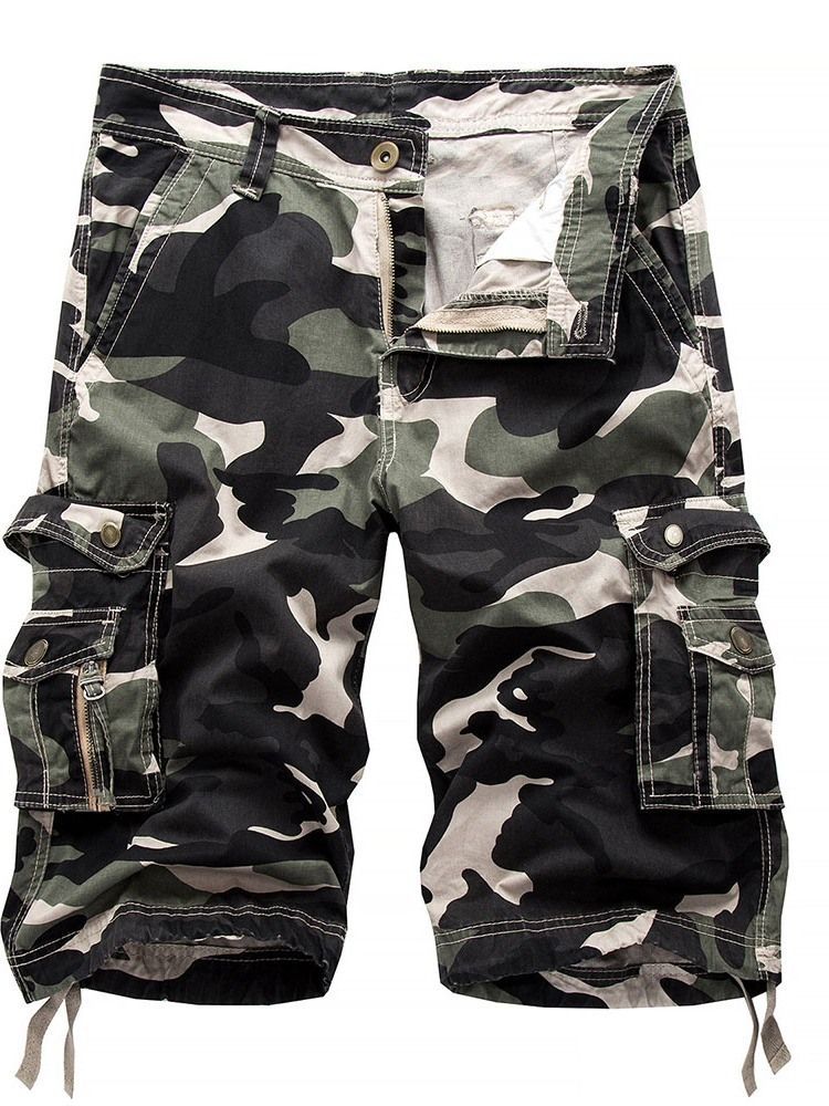 Estampa Calça Curta Masculina Com Zíper De Camuflagem Reta