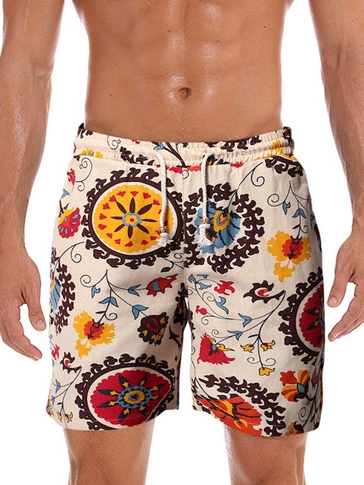 Estampa Floral Reto Com Cordões De Cintura Média Calções Masculinos