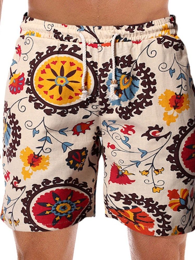 Estampa Floral Reto Com Cordões De Cintura Média Calções Masculinos