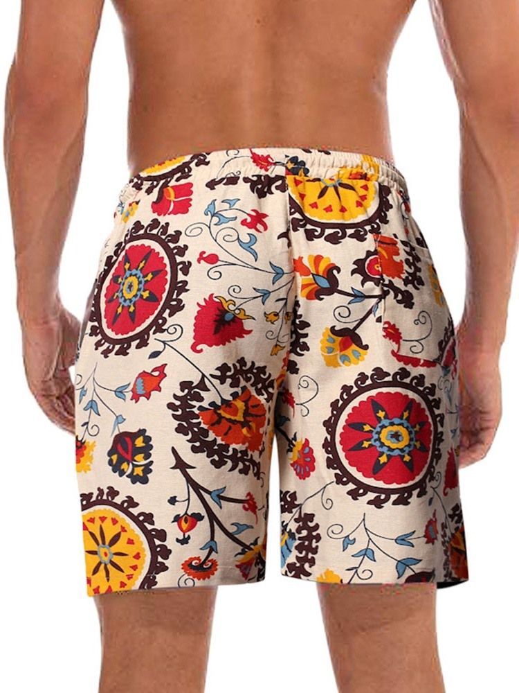 Estampa Floral Reto Com Cordões De Cintura Média Calções Masculinos